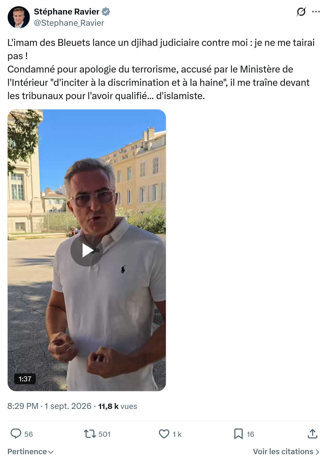 Stéphane Ravier: L'imam des Bleuets lance...