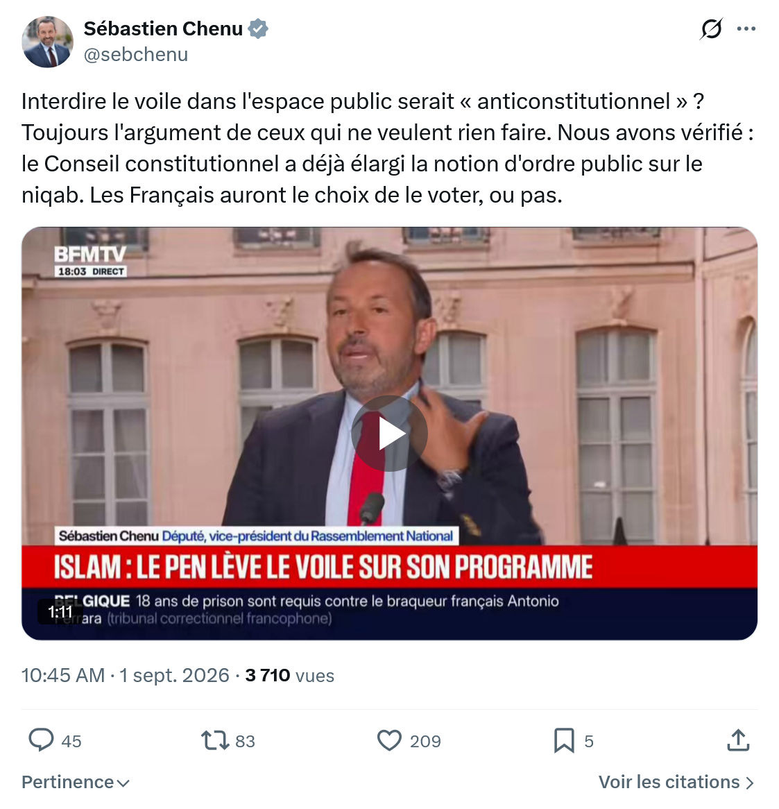Sébastien Chenu: Interdire le voile dans l'espace public...