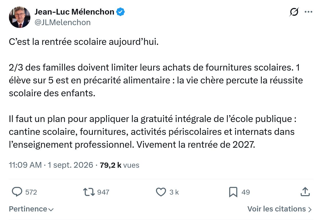 Jean-Luc Mélenchon: C’est la rentrée scolaire aujourd’hui...
