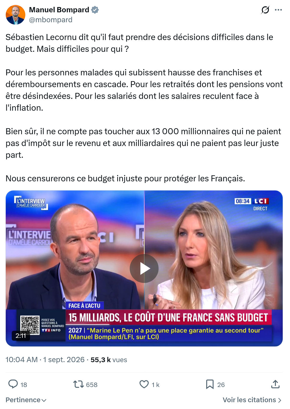 Manuel Bompard: Sébastien Lecornu dit qu'il faut prendre...