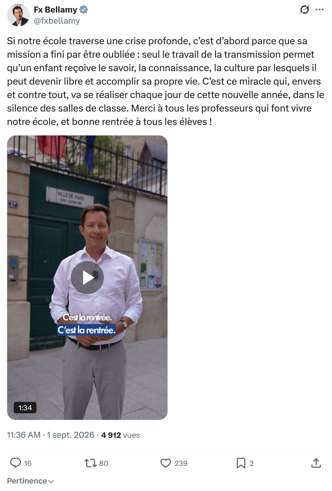 Fx Bellamy: Si notre école traverse...