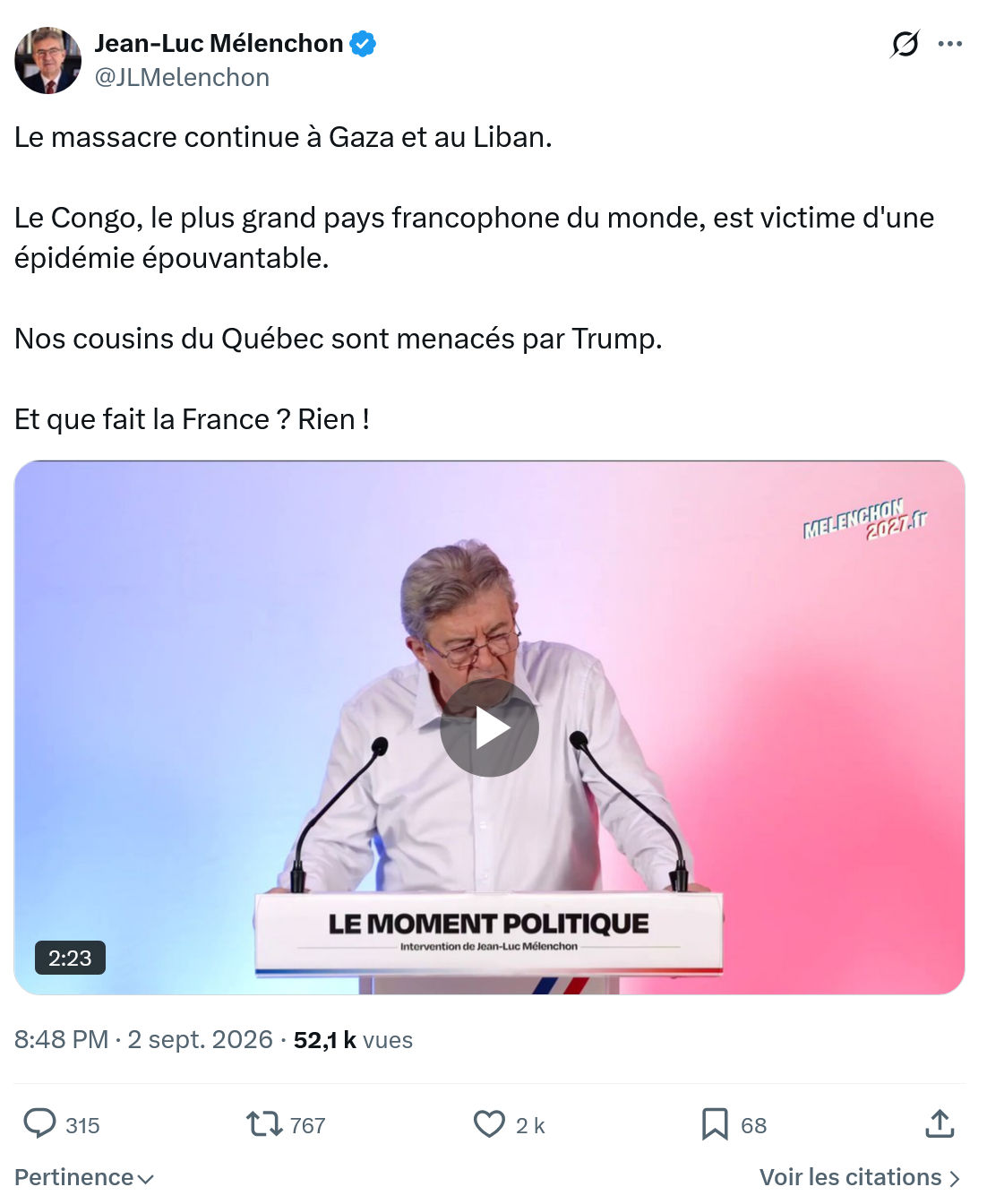 Jean-Luc Mélenchon: Le massacre continue à Gaza...