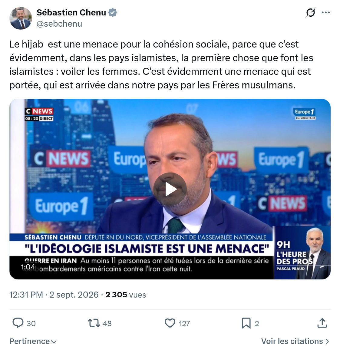 Sébastien Chenu: Le hijab  est une menace...