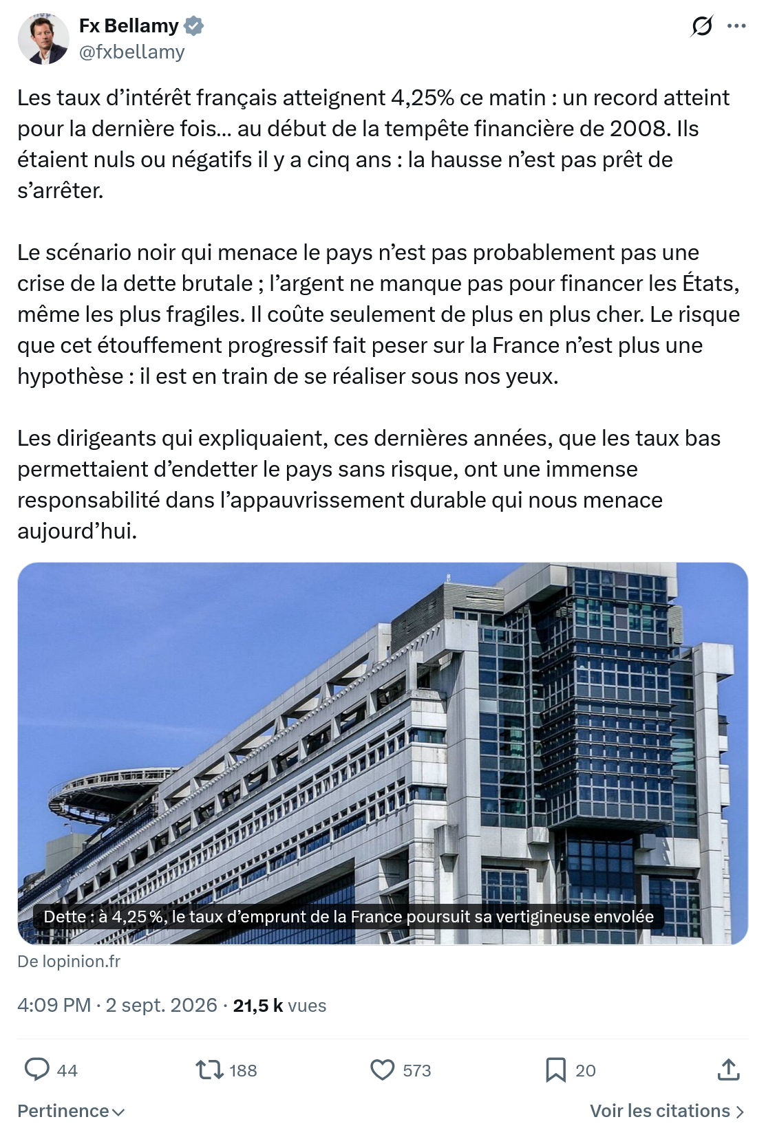 Fx Bellamy: Les taux d’intérêt français atteignent...
