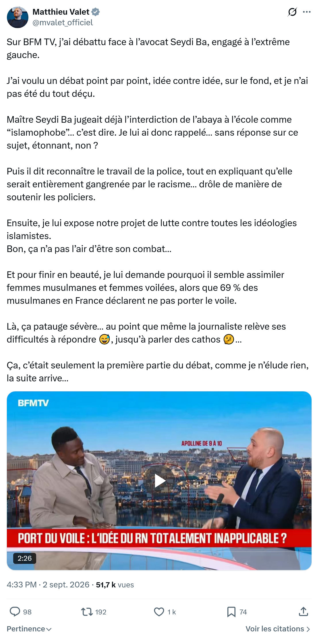 Matthieu Valet: Sur BFM TV, j’ai débattu face...
