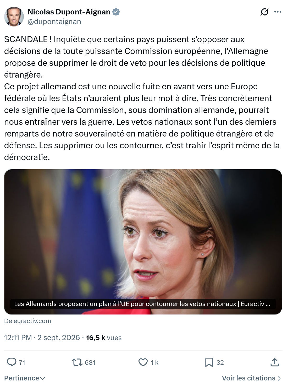 Nicolas Dupont-Aignan: Inquiète que certains pays puissent...