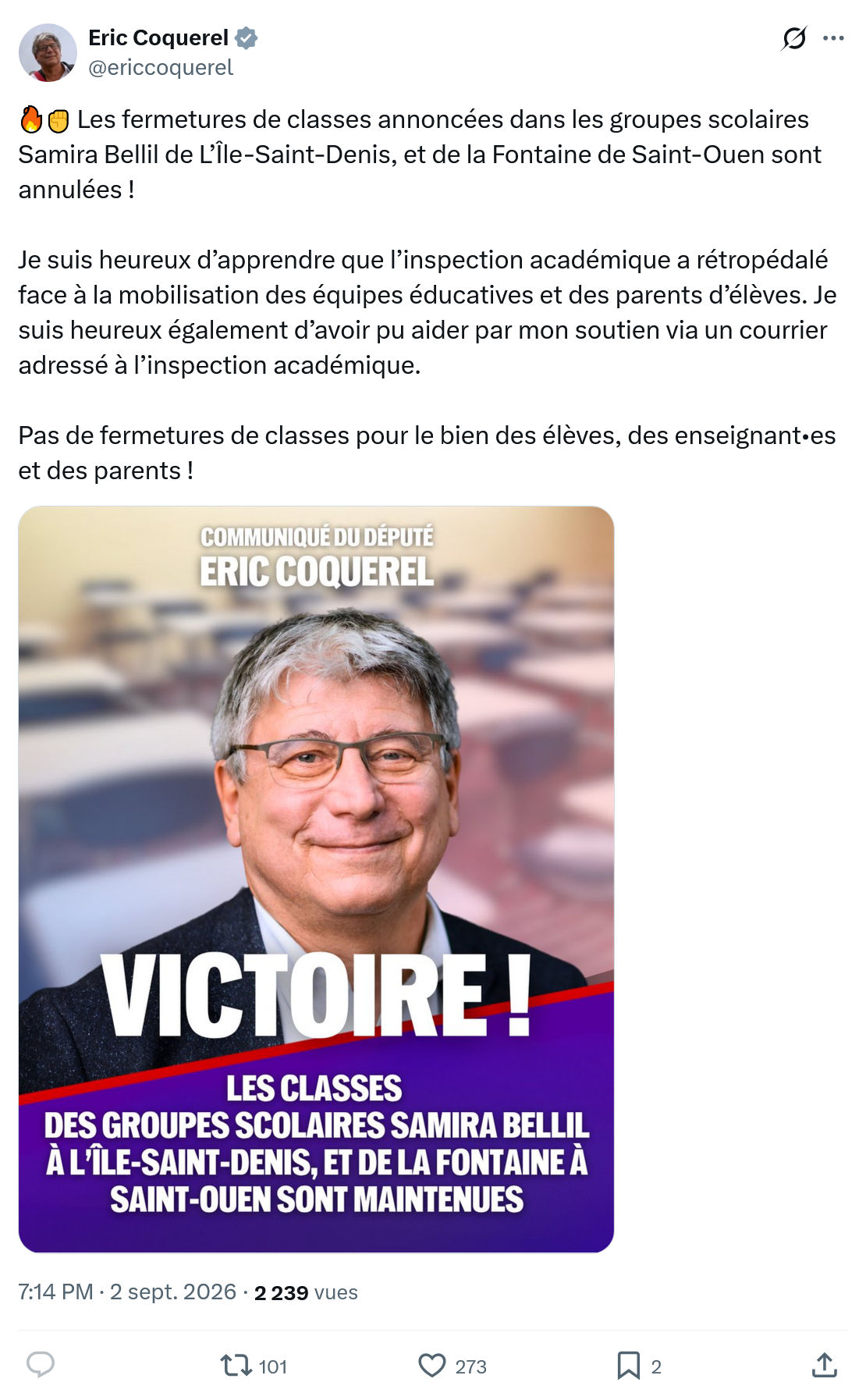 Eric Coquerel: Les fermetures de classes annoncées...