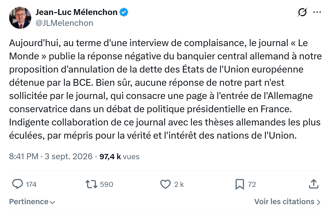 Jean-Luc Mélenchon: Aujourd'hui, au terme d'une interview...