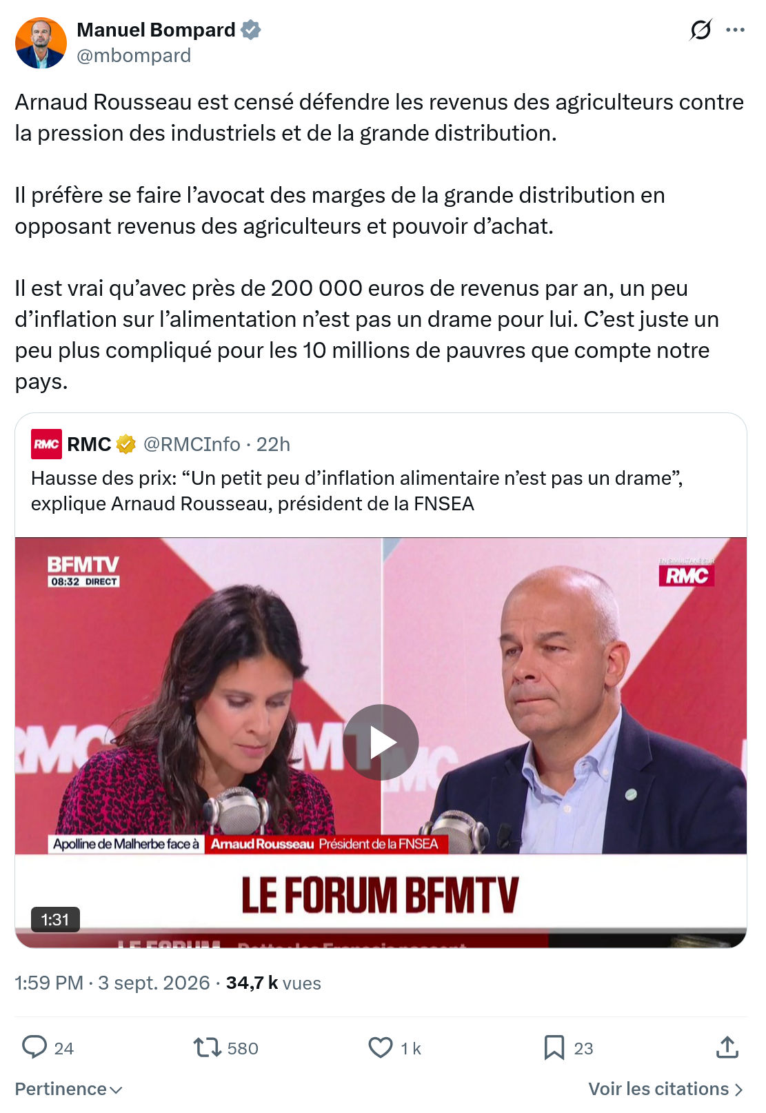 Manuel Bompard: Arnaud Rousseau est censé défendre...