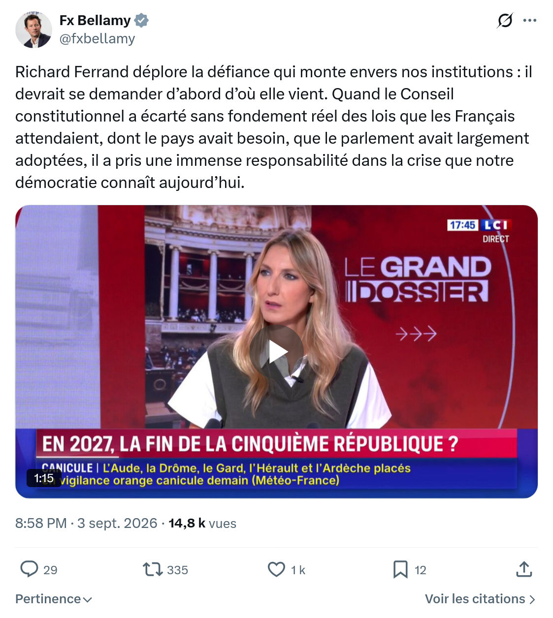 Fx Bellamy: Richard Ferrand déplore la défiance...