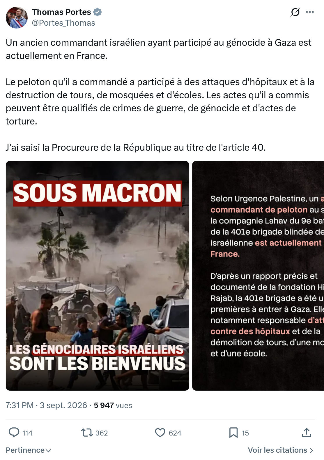 Thomas Portes: Un ancien commandant israélien...
