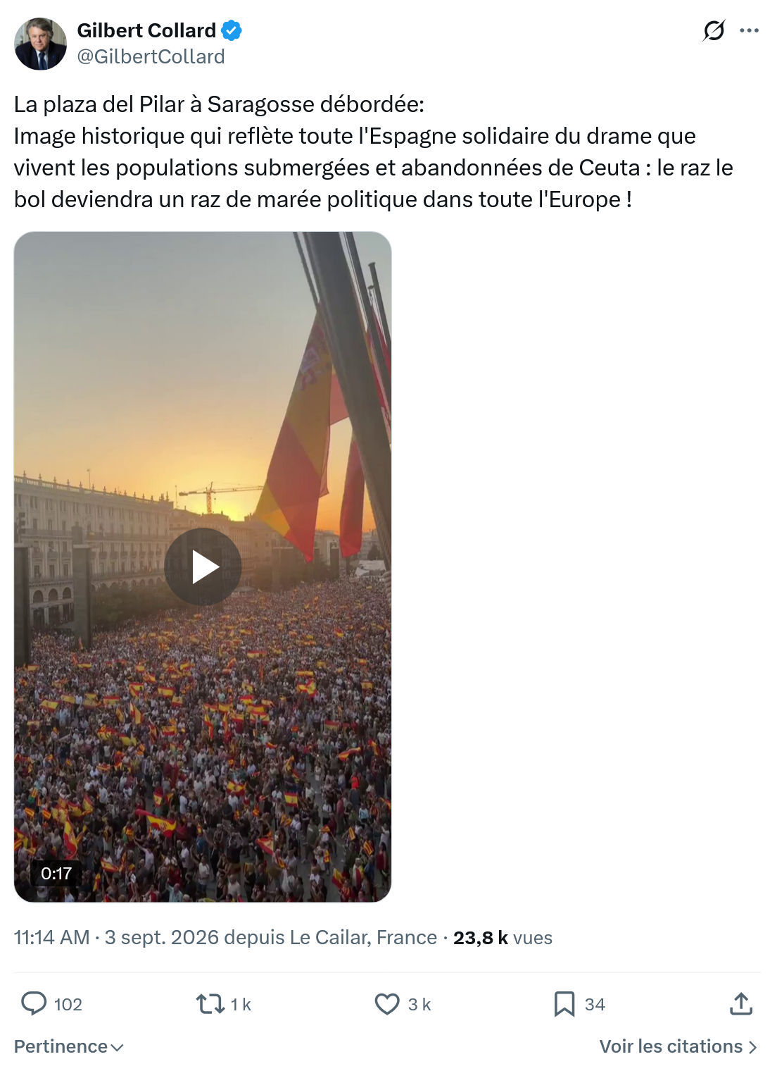 Gilbert Collard: La plaza del Pilar à Saragosse débordée...