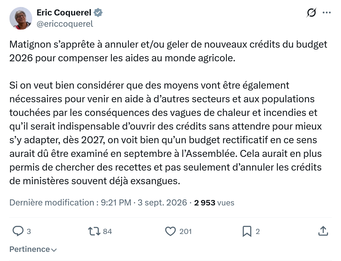 Eric Coquerel: Matignon s’apprête à annuler et/ou geler...