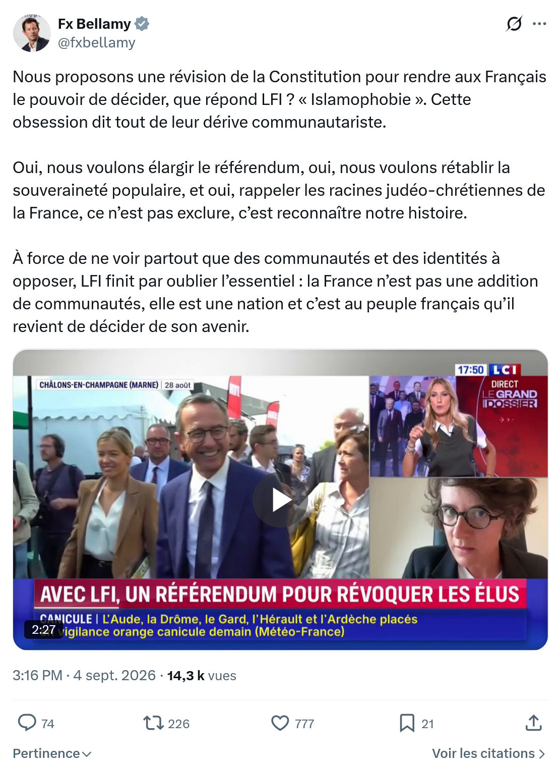 Fx Bellamy: Nous proposons une révision...