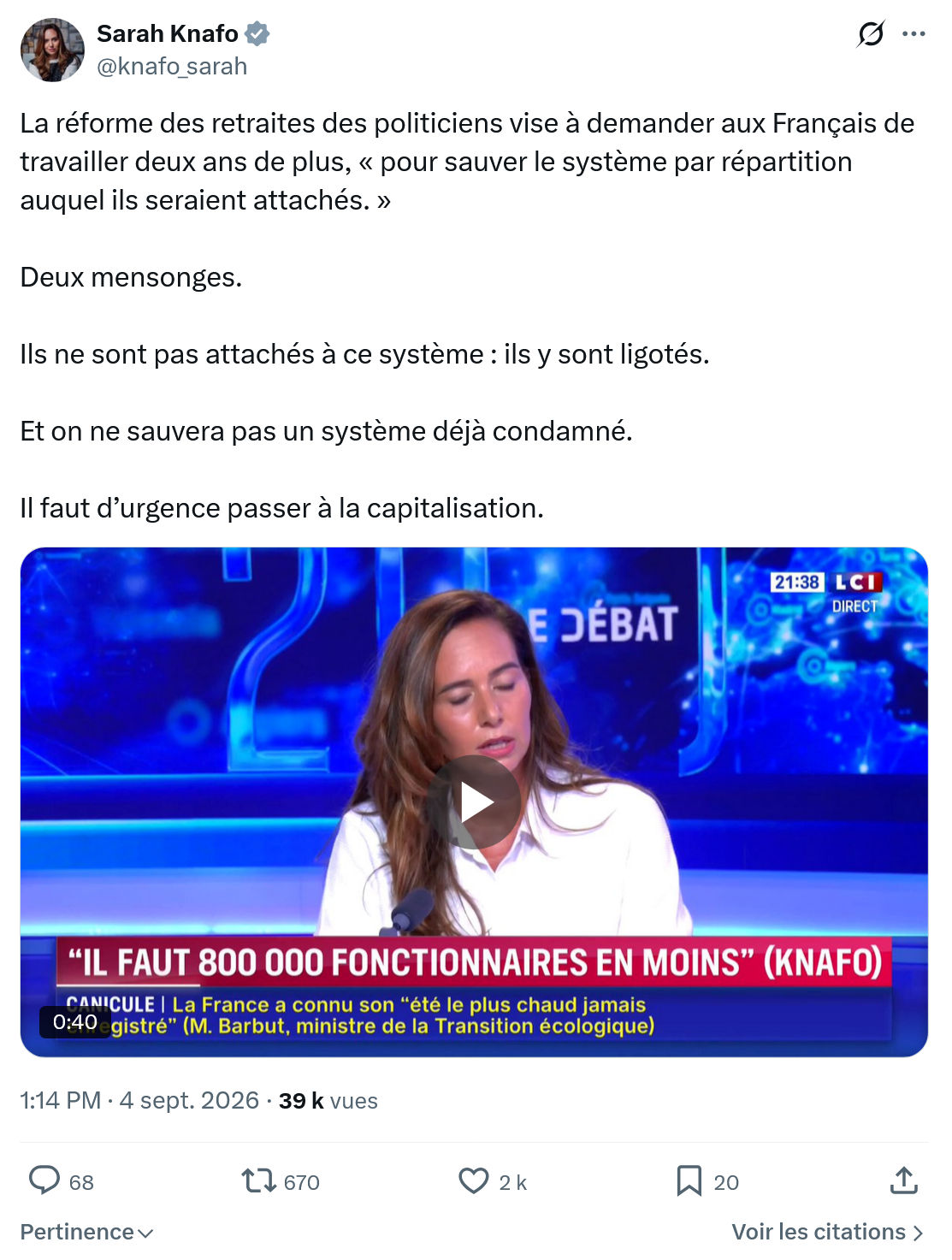 Sarah Knafo: La réforme des retraites...