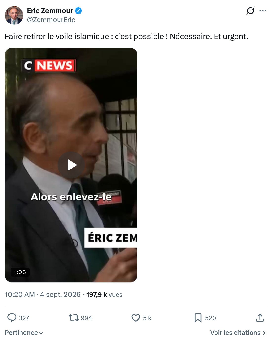 Eric Zemmour: Faire retirer le voile islamique...
