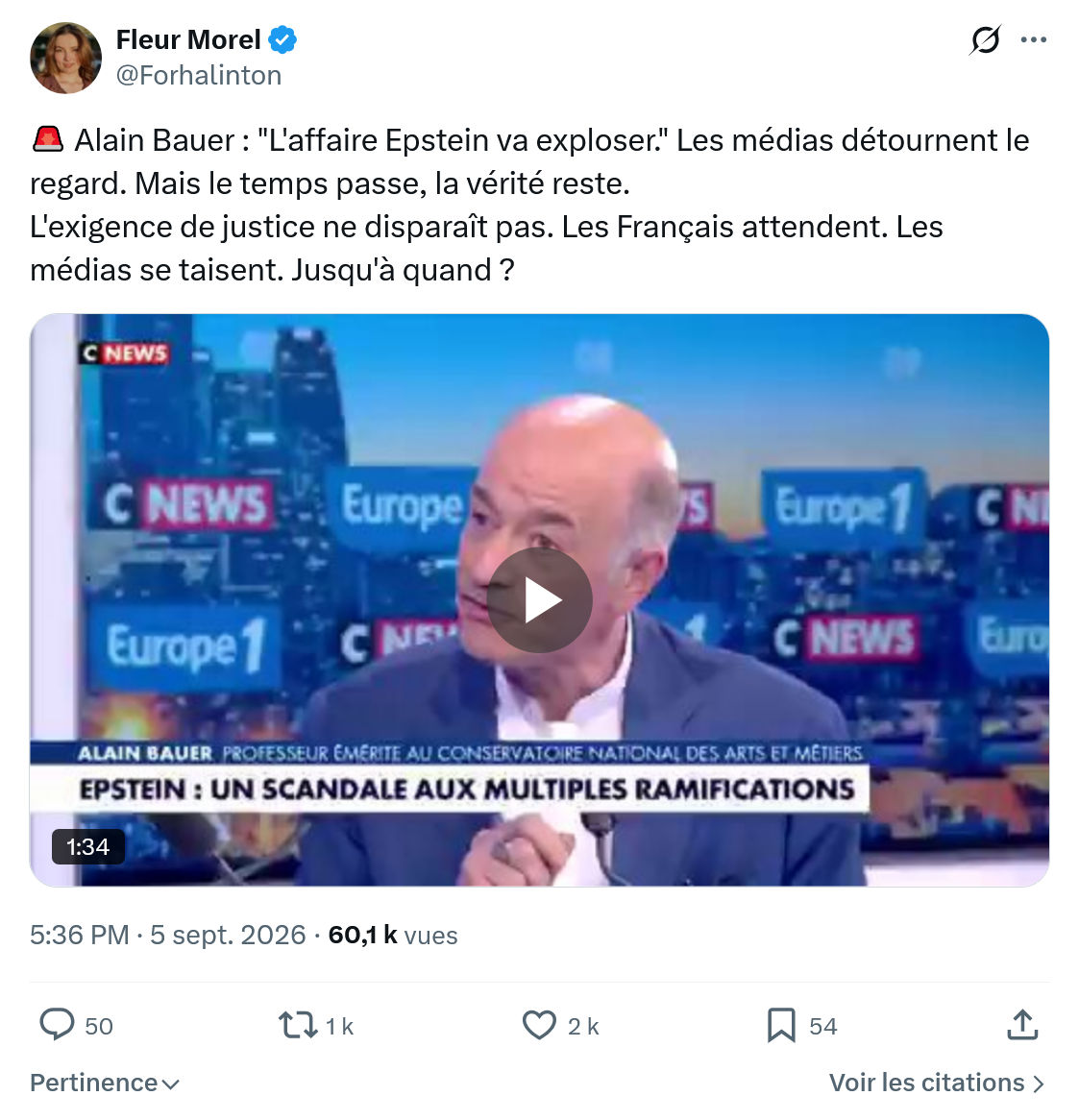 Fleur Morel: Alain Bauer : "L'affaire Epstein va exploser."...