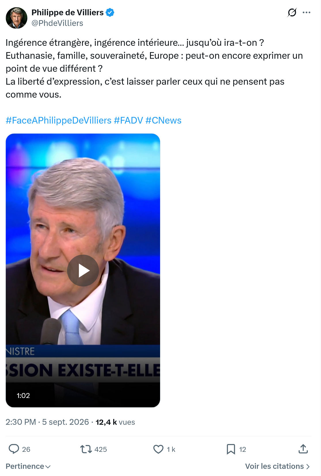 Philippe de Villiers: Ingérence étrangère, ingérence...