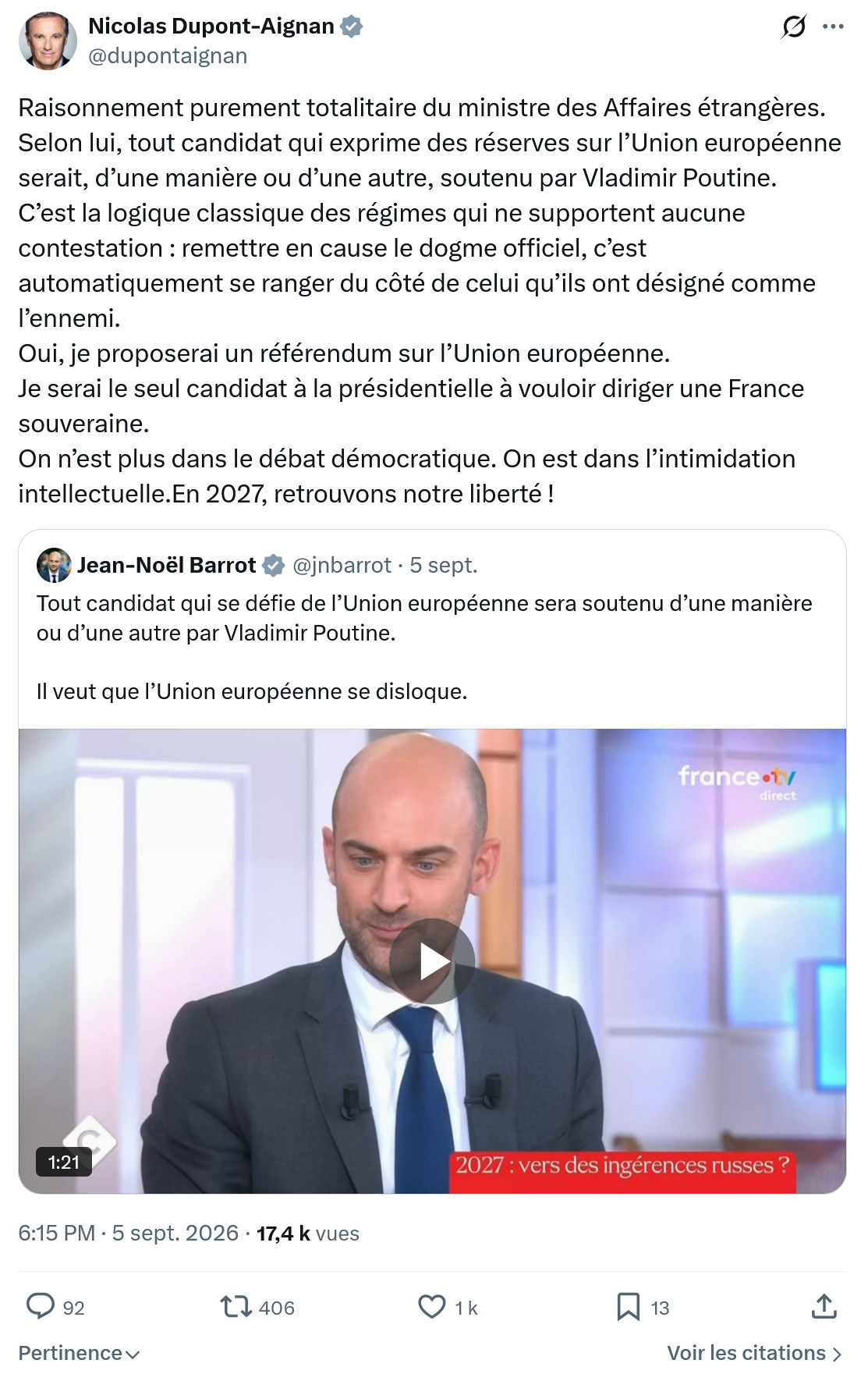 Nicolas Dupont-Aignan: Raisonnement purement totalitaire...