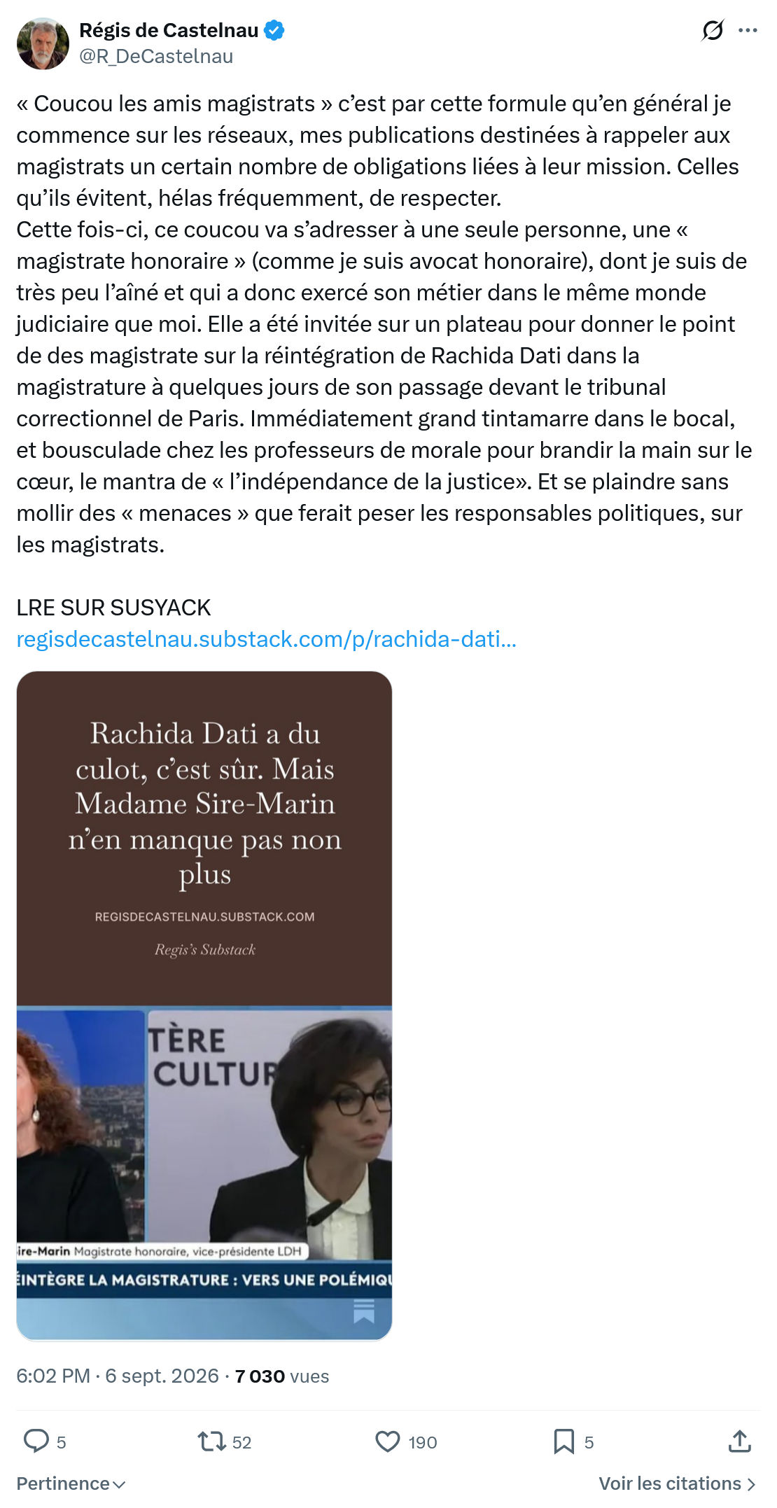 Régis de Castelnau: « Coucou les amis magistrats »...