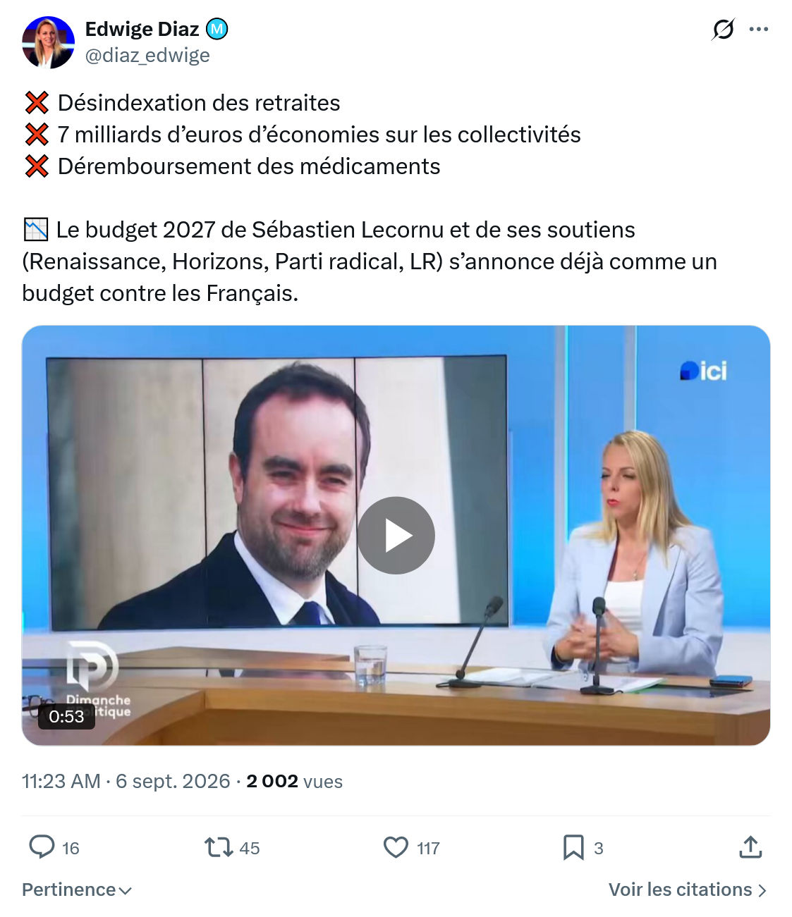 Edwige Diaz: Désindexation des retraites...