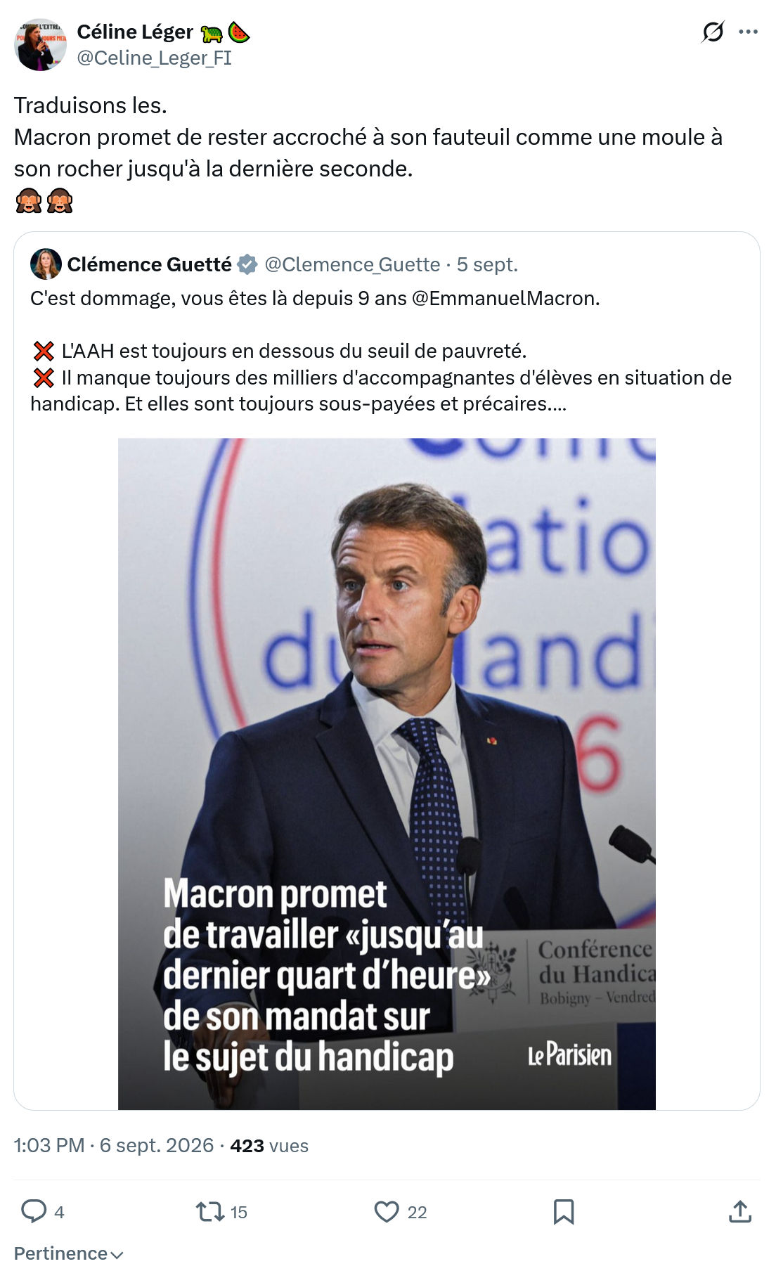 Céline Léger: Macron promet de rester...