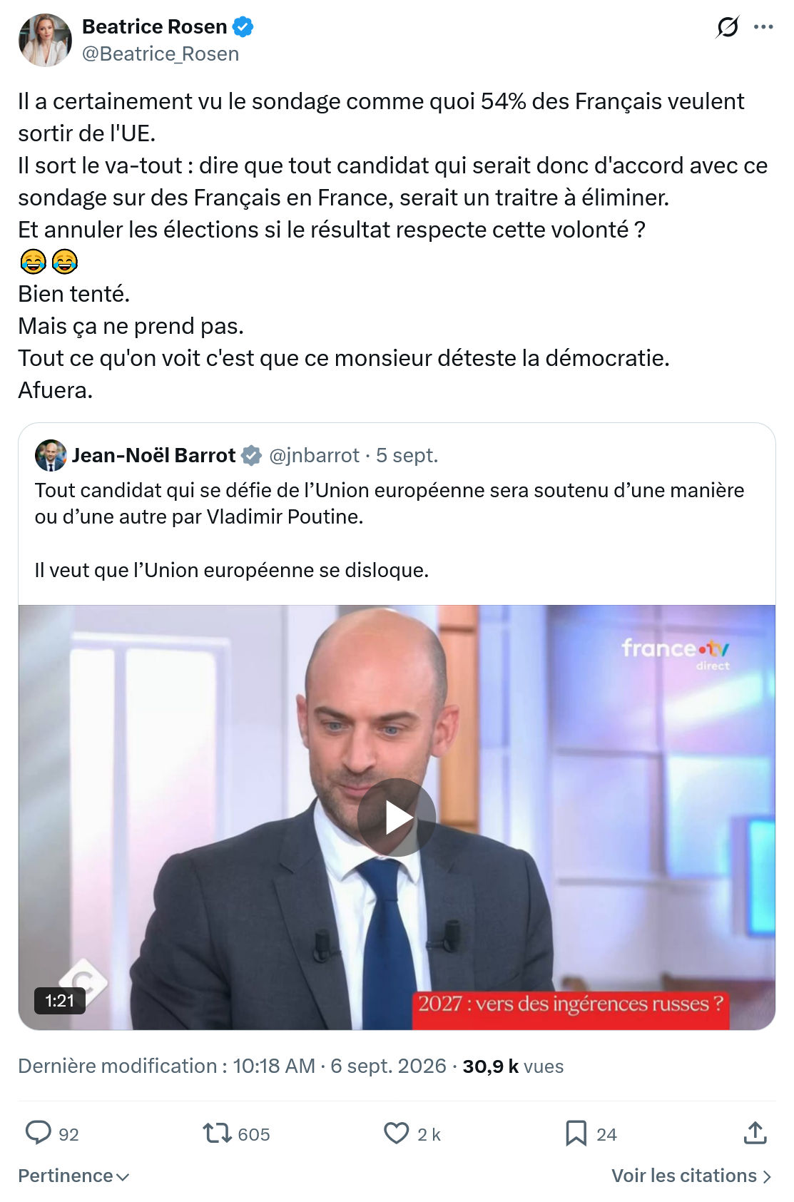 Béatrice Rosen: Il a certainement vu le sondage...