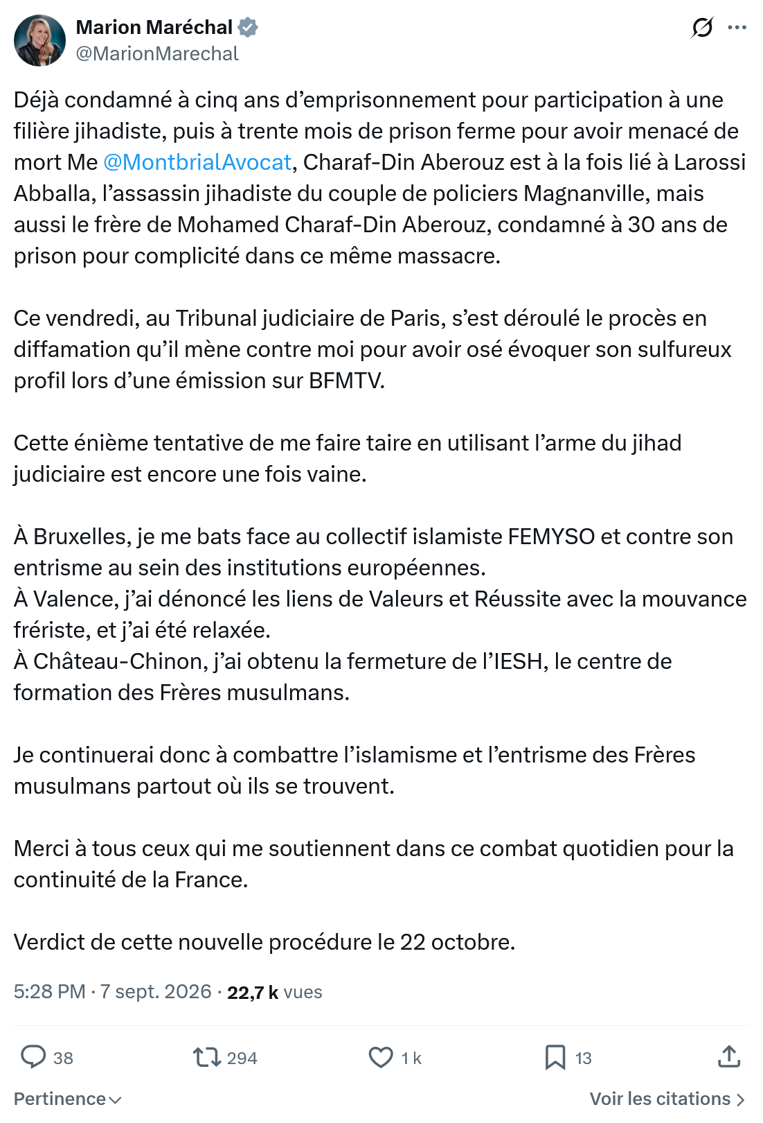 Marion Maréchal- Le Pen: Déjà condamné à cinq ans d’emprisonnement...