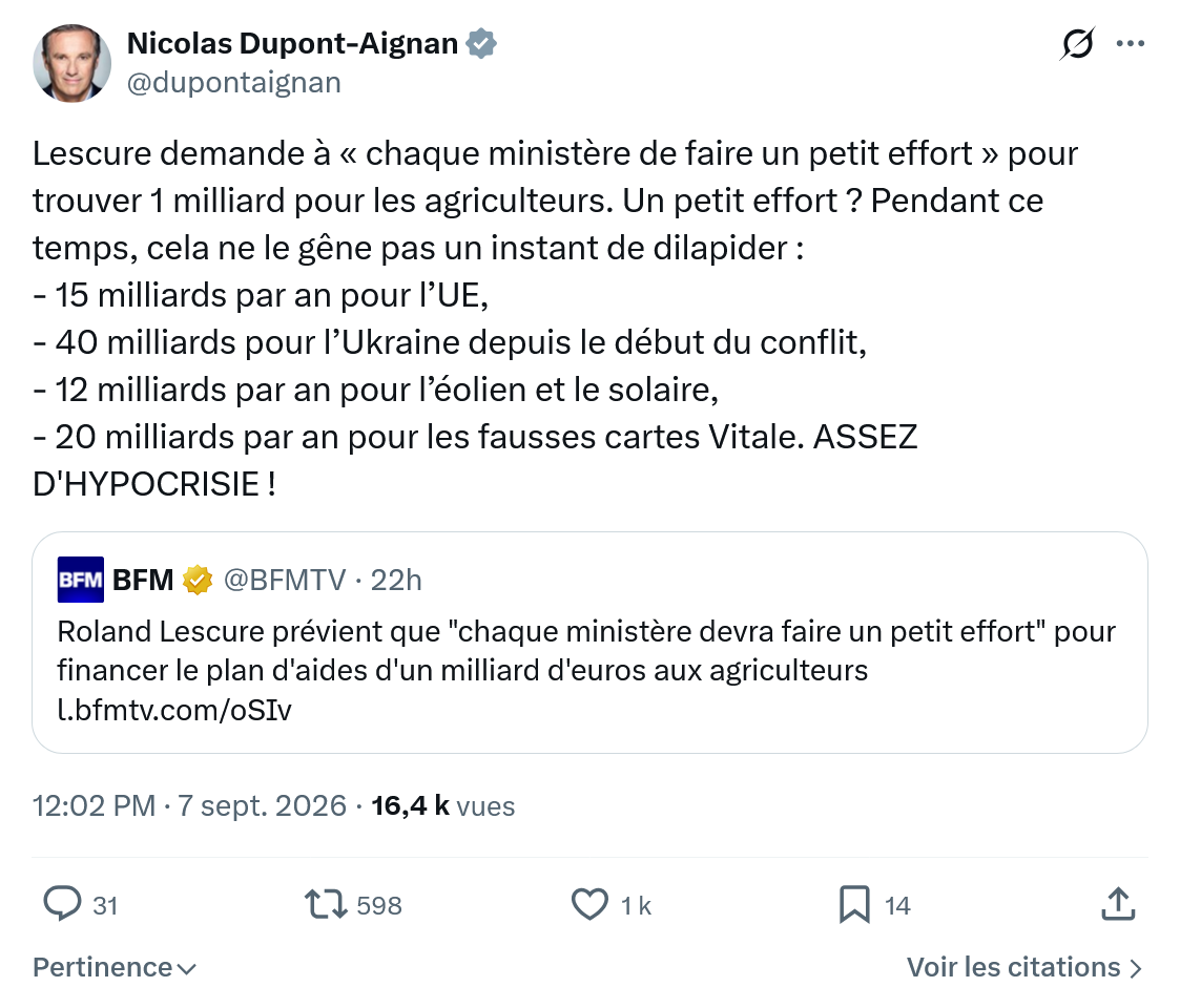 Nicolas Dupont-Aignan: Lescure demande à « chaque ministère...