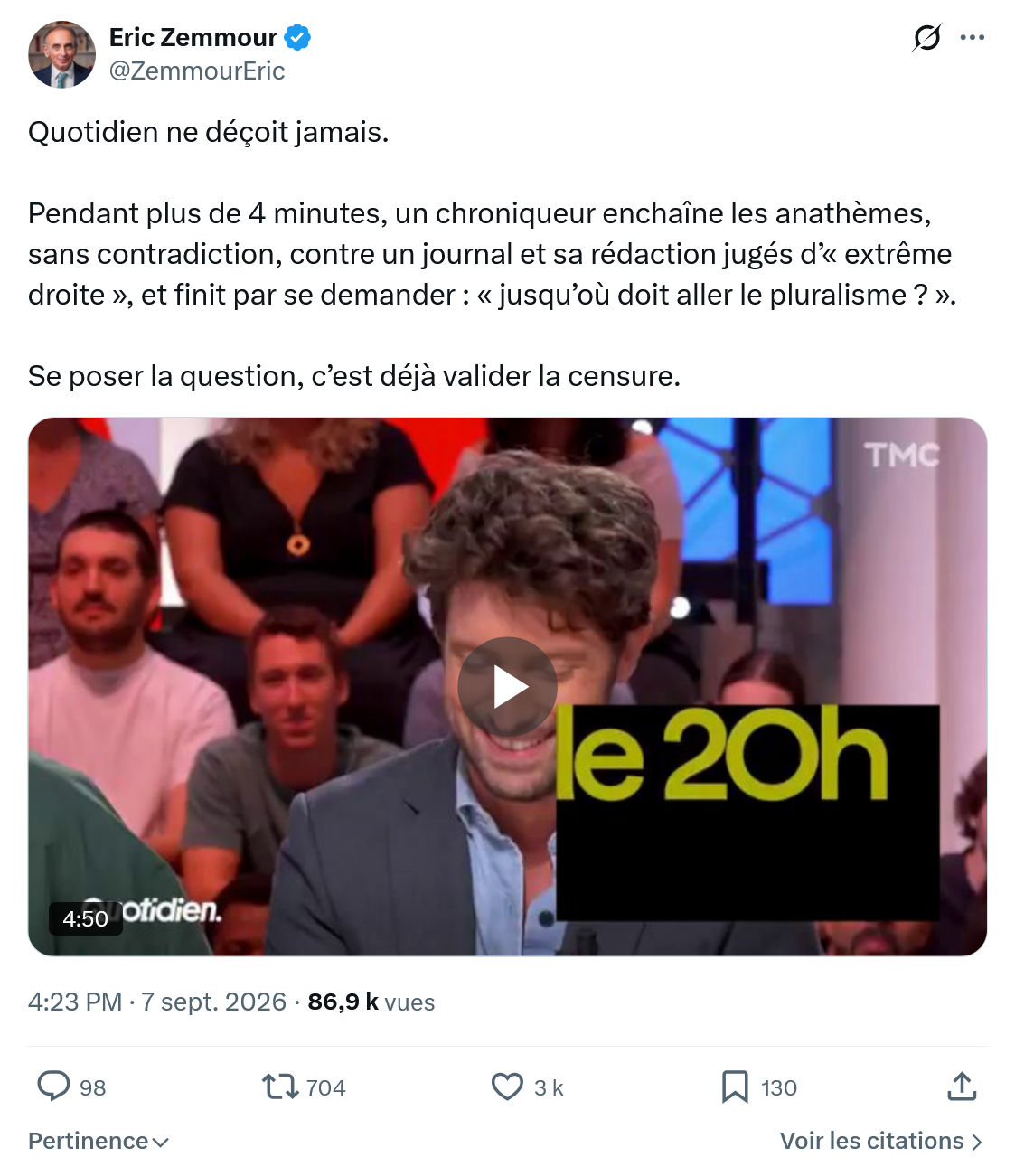 Eric Zemmour: Quotidien ne déçoit jamais...