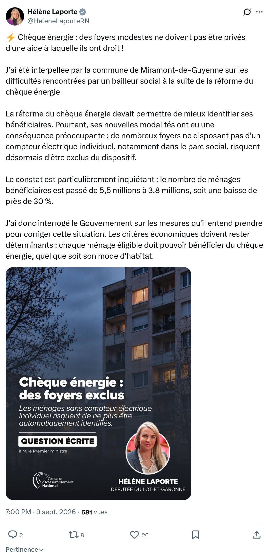 Hélène Laporte: Chèque énergie : des foyers modestes...