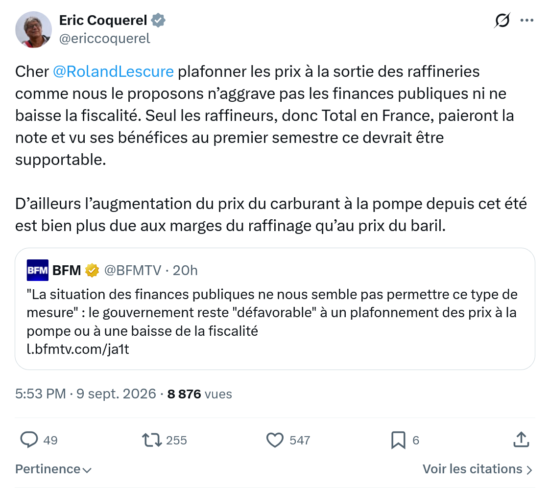 Eric Coquerel: Cher @RolandLescure plafonner...