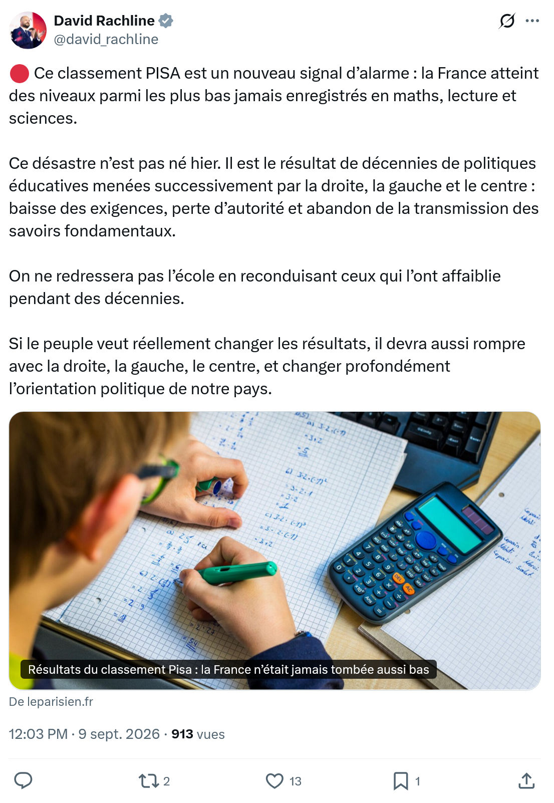 David Rachline: Ce classement PISA est un nouveau...
