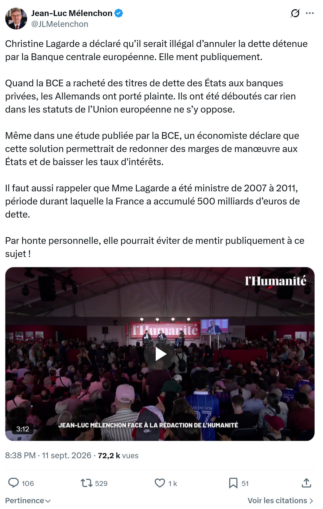 Jean-Luc Mélenchon: Christine Lagarde a déclaré...