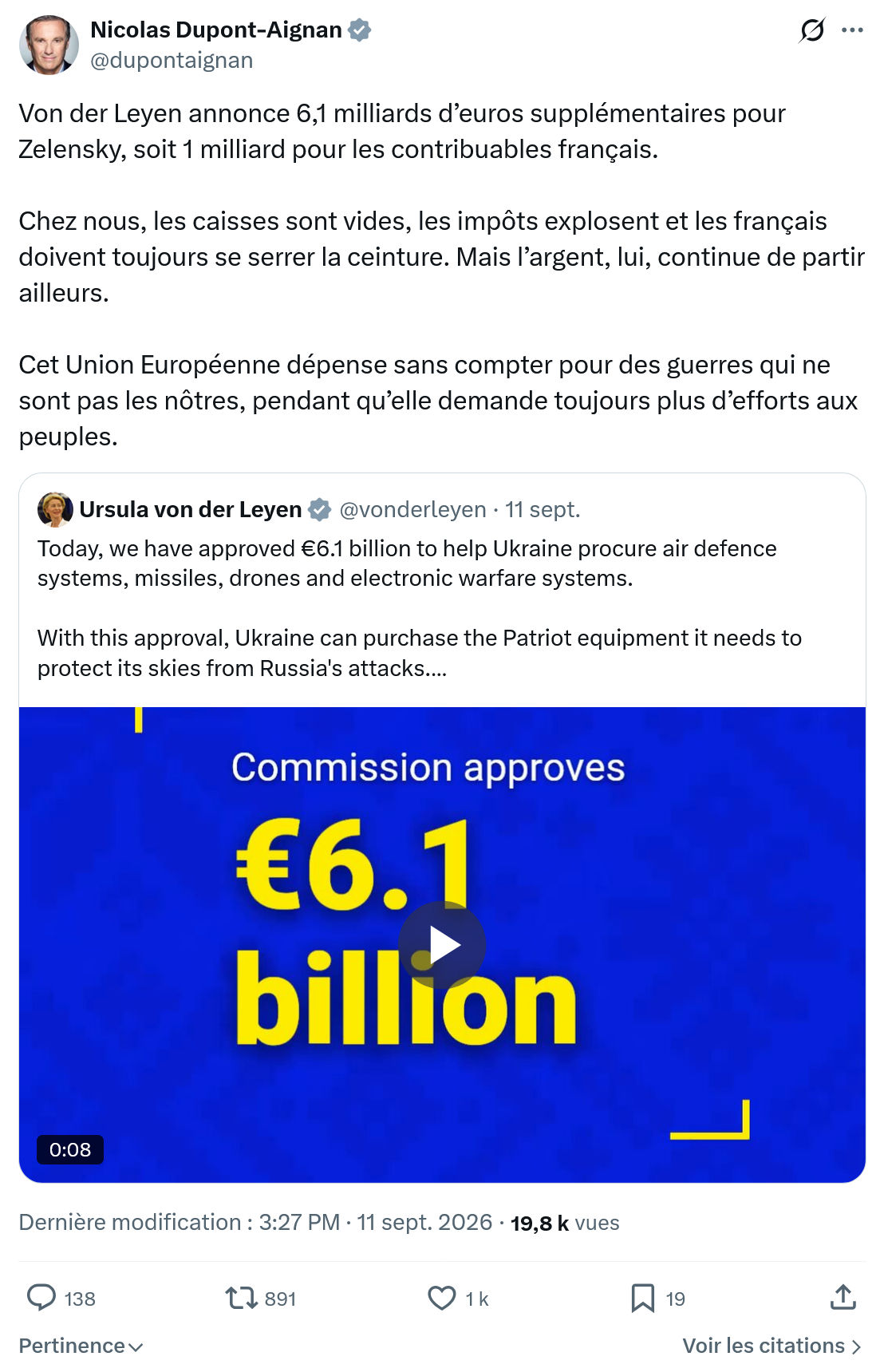 Nicolas Dupont-Aignan: Von der Leyen annonce 6,1 milliards...