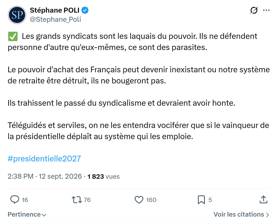 Stephane Poli: Les grands syndicats sont les laquais...