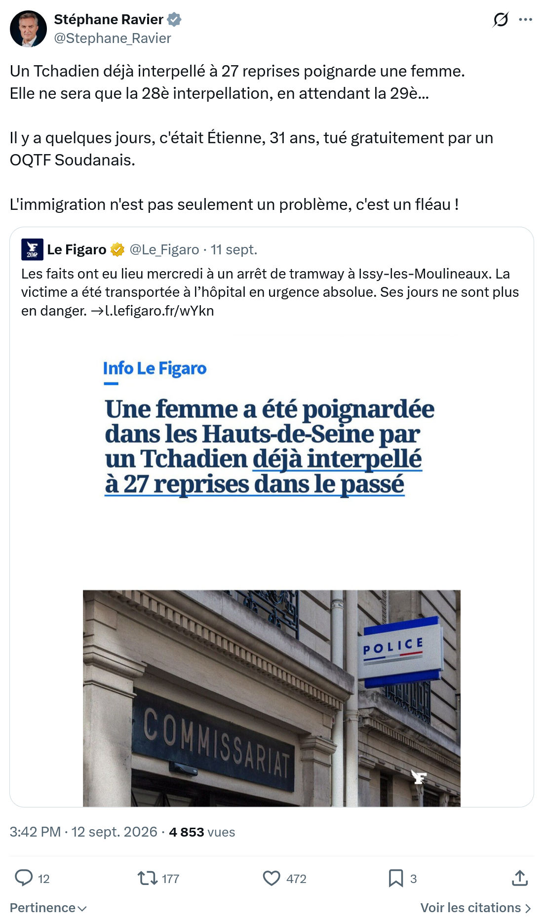 Stéphane Ravier: Un Tchadien déjà interpellé...