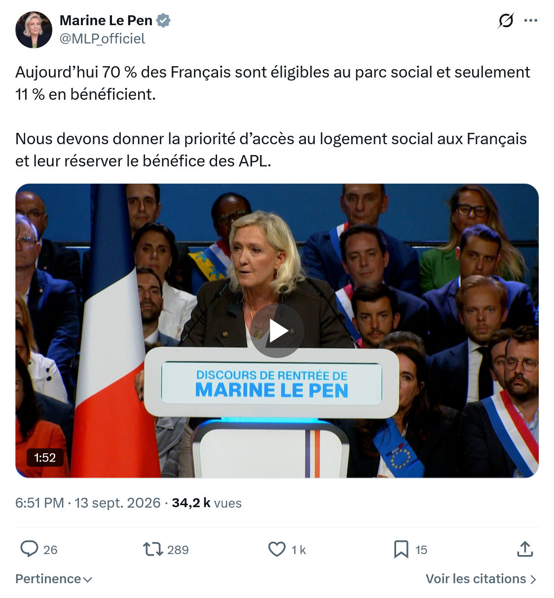 Marine Le Pen: Aujourd’hui 70 % des Français...
