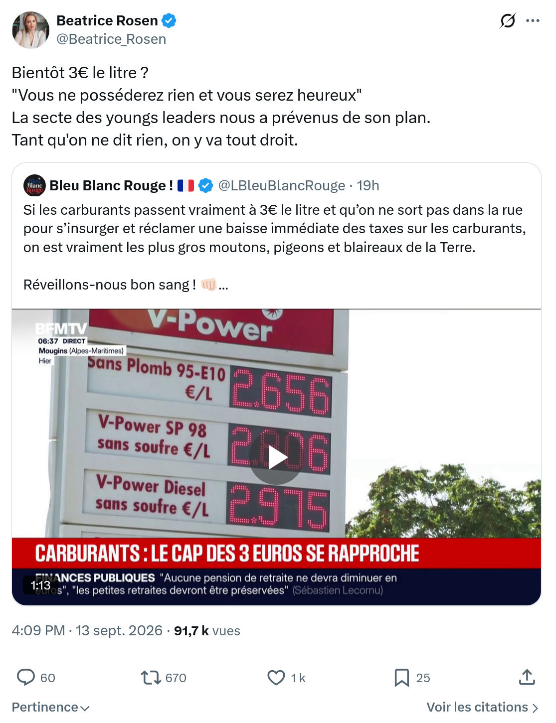 Béatrice Rosen: Bientôt 3€ le litre...