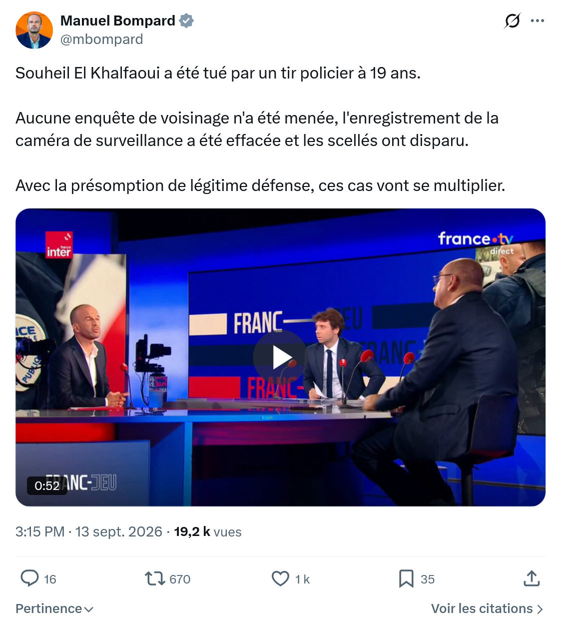 Manuel Bompard: Souheil El Khalfaoui a été tué par un tir policier...