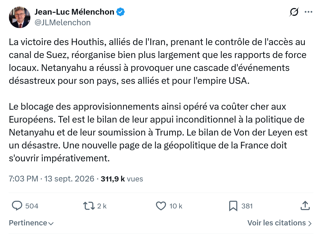 Jean-Luc Mélenchon: La victoire des Houthis...