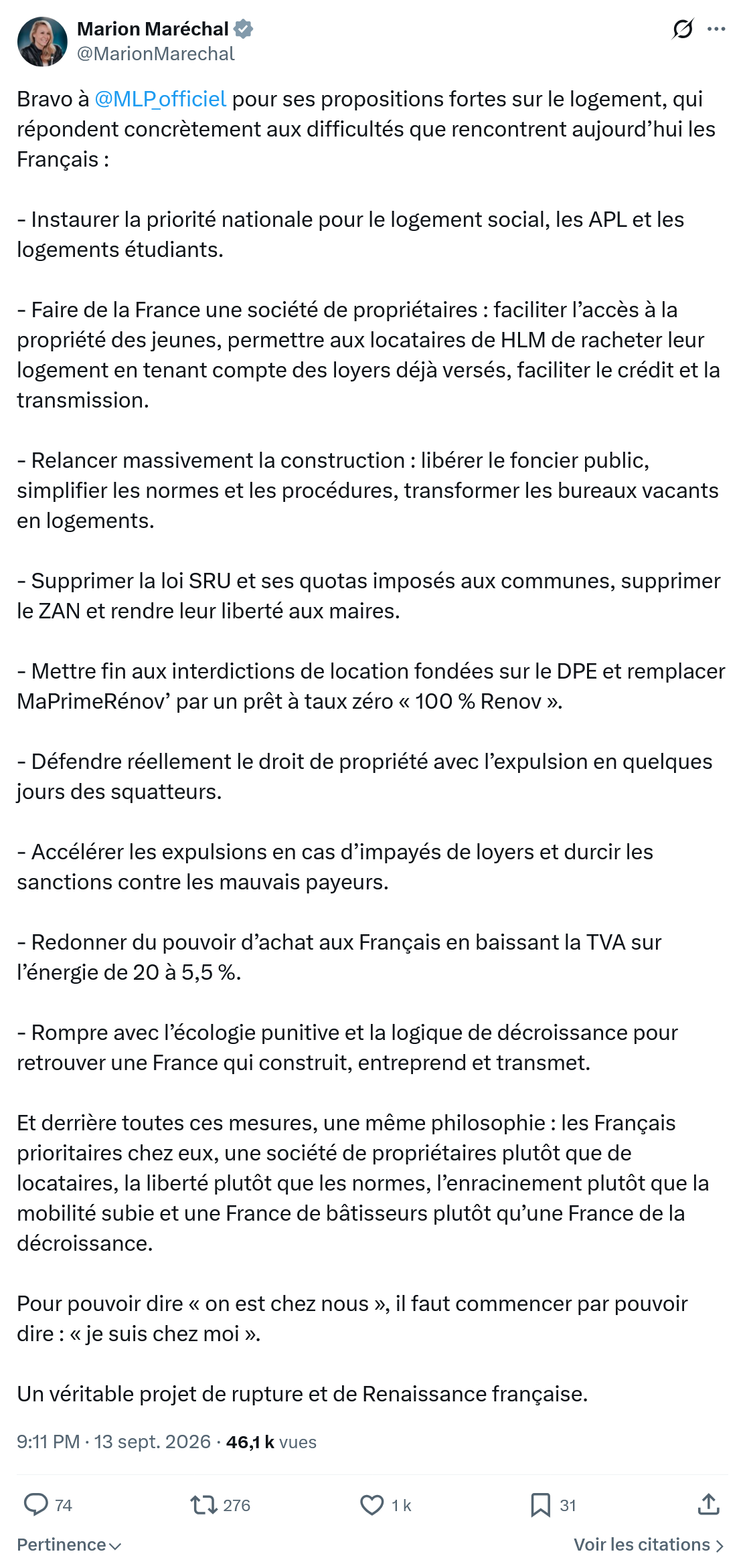 Marion Maréchal- Le Pen: Bravo à @MLP_officiel...