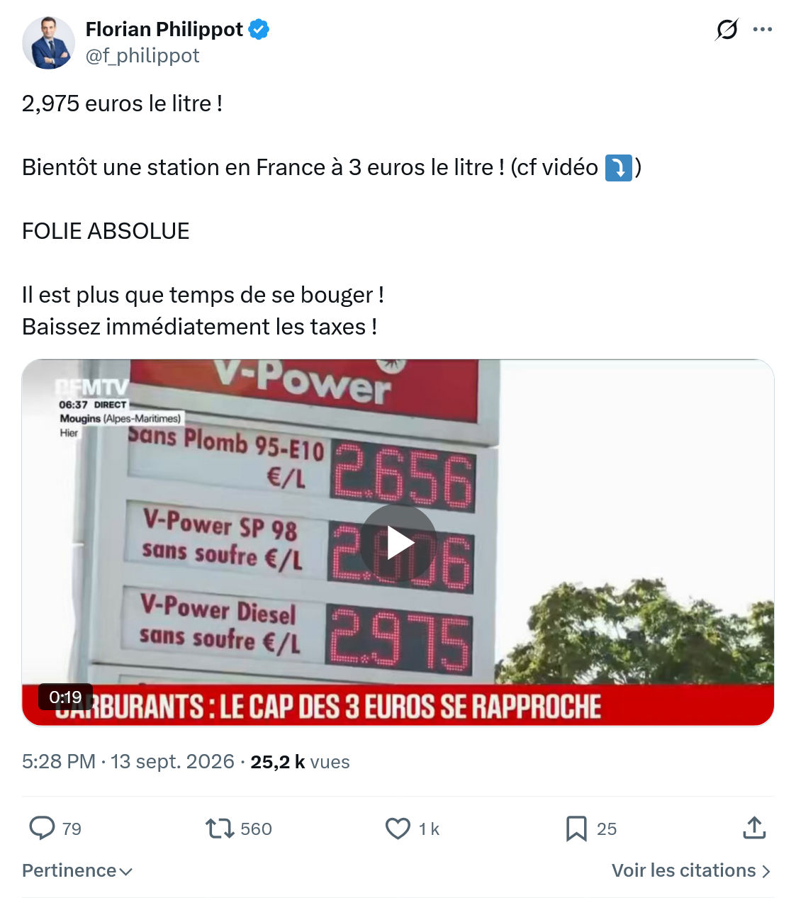 Florian Philippot: 2,975 euros le litre...