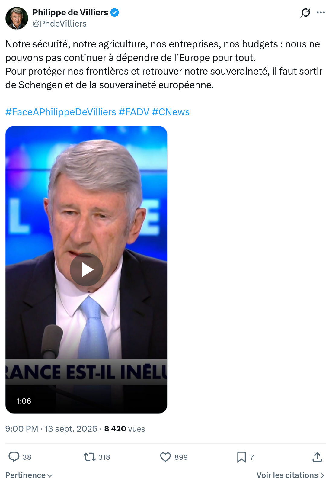 Philippe de Villiers: Notre sécurité, notre agriculture...