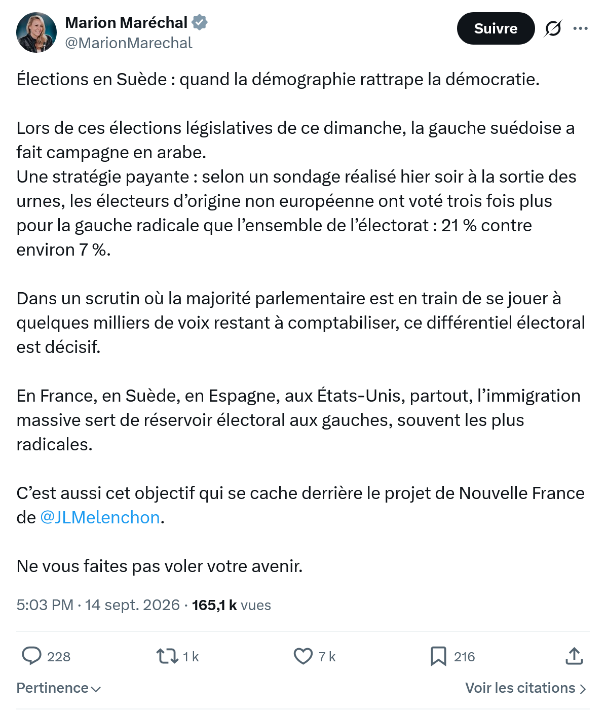 Marion Maréchal- Le Pen: Élections en Suède : quand la démographie...