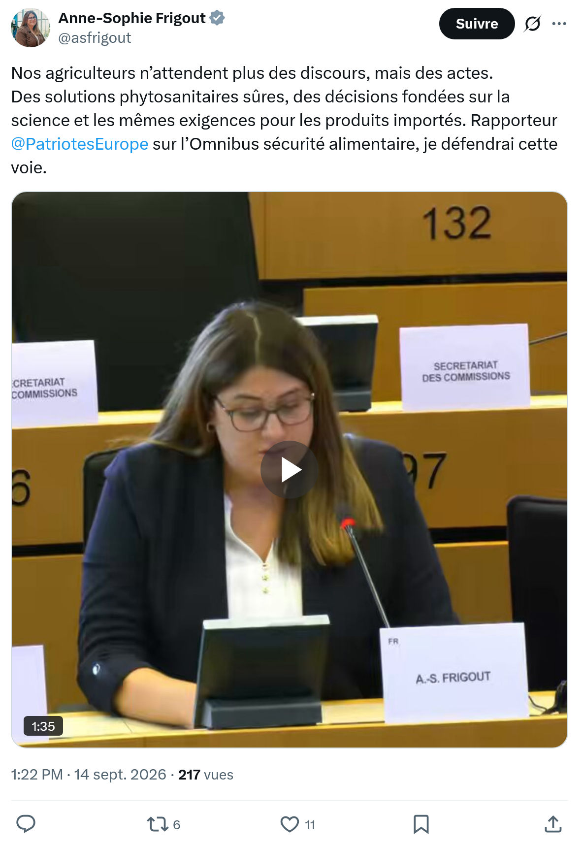 Anne-Sophie Frigout: Nos agriculteurs n’attendent...