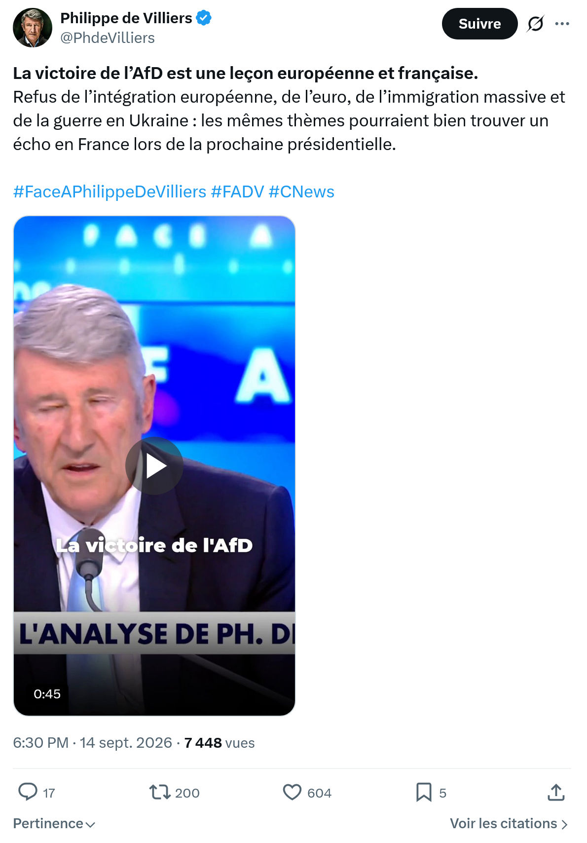 Philippe de Villiers: La victoire de l’AfD...