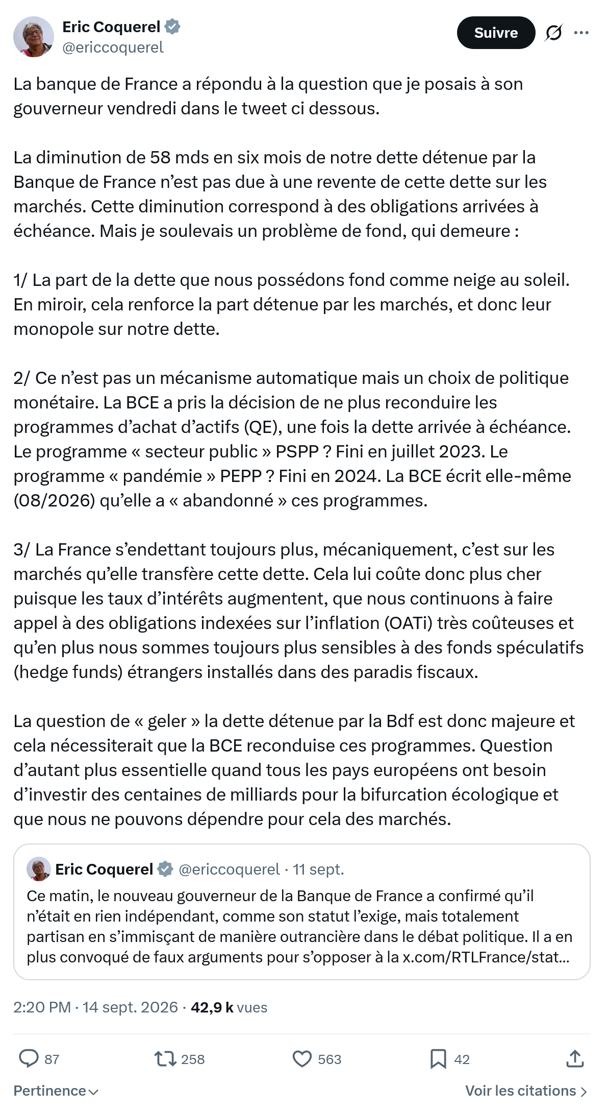 Eric Coquerel: La banque de France a répondu...