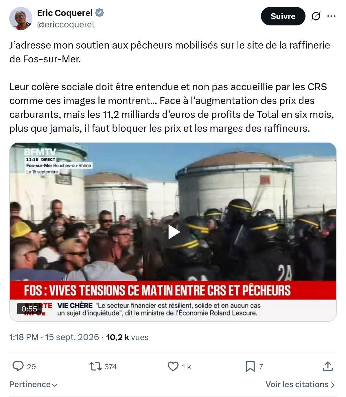 Eric Coquerel: J’adresse mon soutien aux pêcheurs...