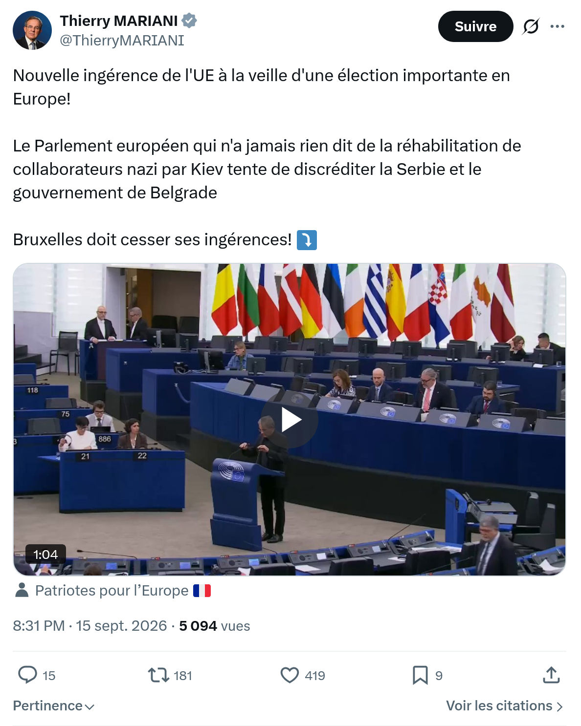 Thierry Mariani: Nouvelle ingérence de l'UE à la veille...